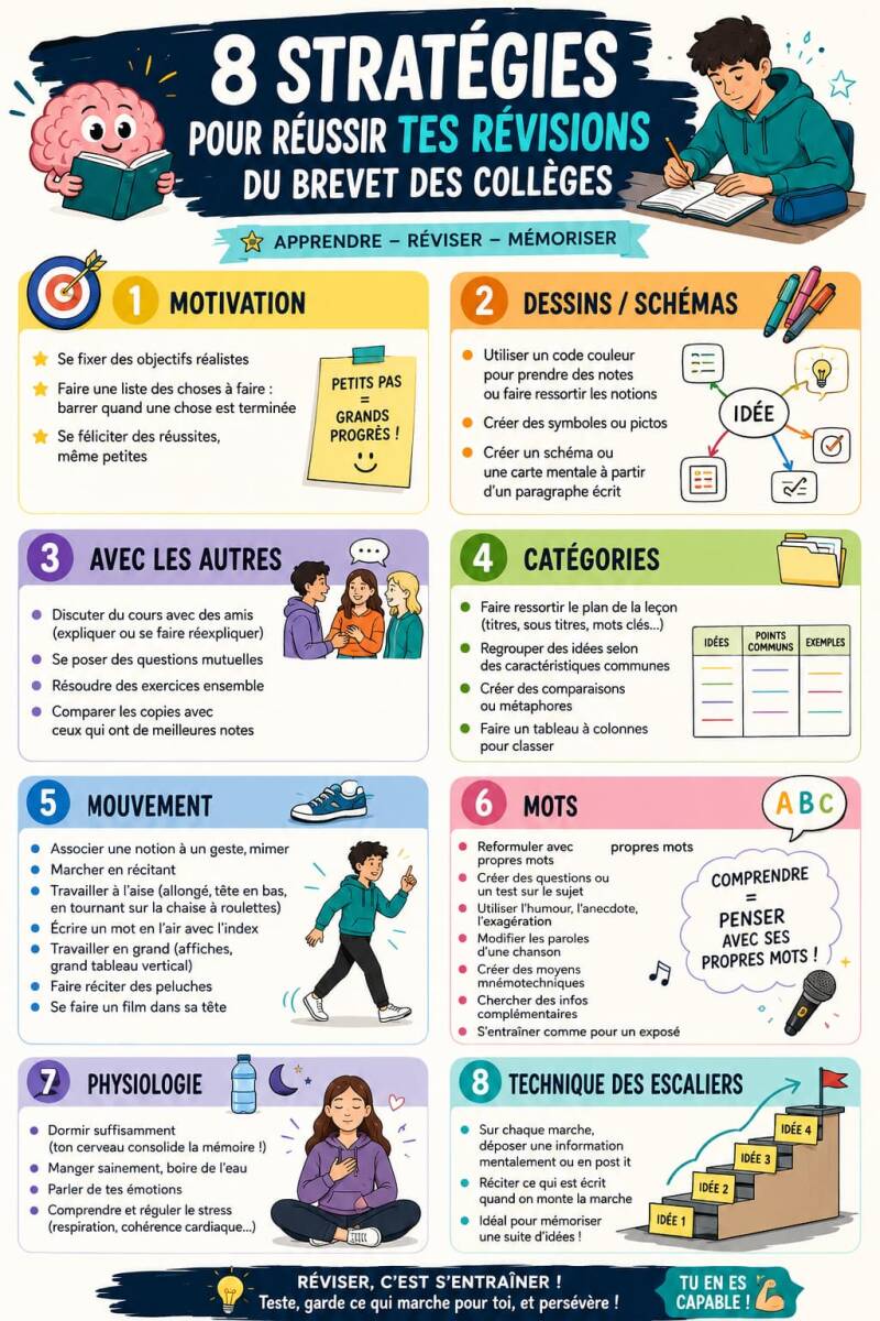 8 stratégies efficaces pour réussir les révisions du brevet des collèges : motivation, cartes mentales, mémorisation, organisation, travail en groupe et gestion du stress.  Nom de l'image