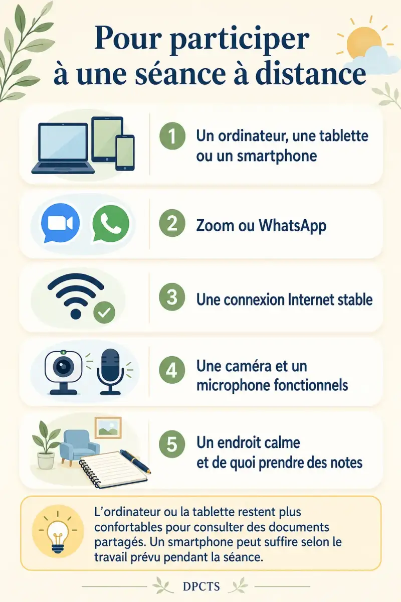 Matériel nécessaire pour une séance DPCTS en visioconférence : ordinateur, tablette ou smartphone, Zoom ou WhatsApp, connexion stable, caméra, microphone et endroit calme.