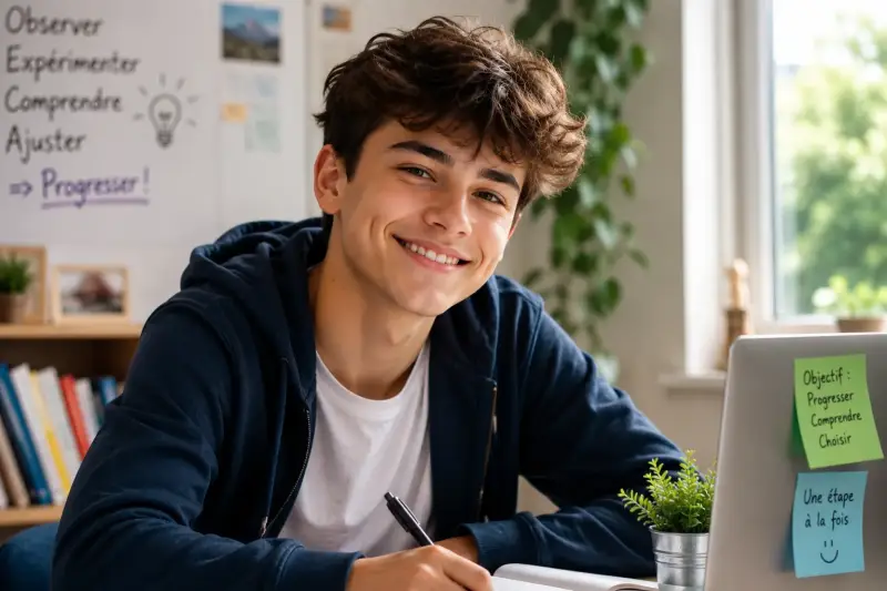 Adolescent souriant travaillant à son bureau dans une démarche de progression et d’autonomie