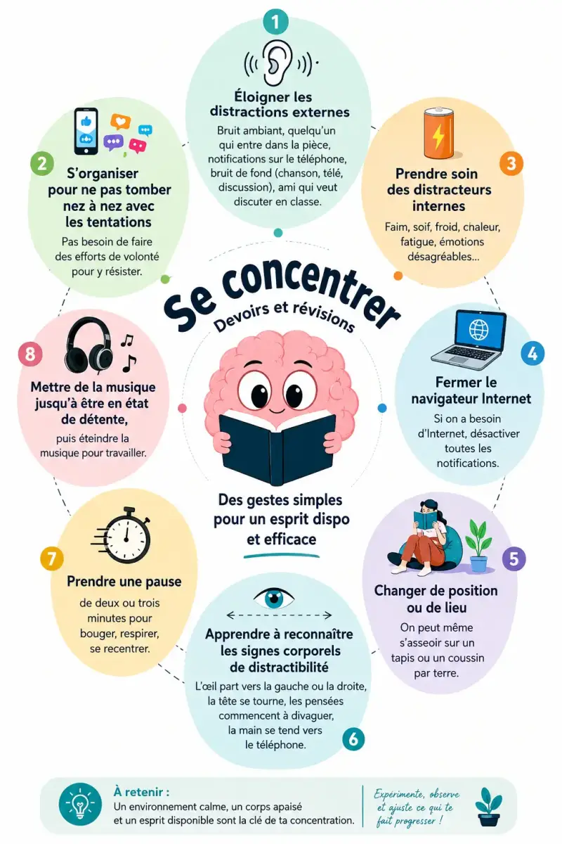 Infographie présentant 8 stratégies pour améliorer la concentration des adolescents pendant les devoirs et les révisions.