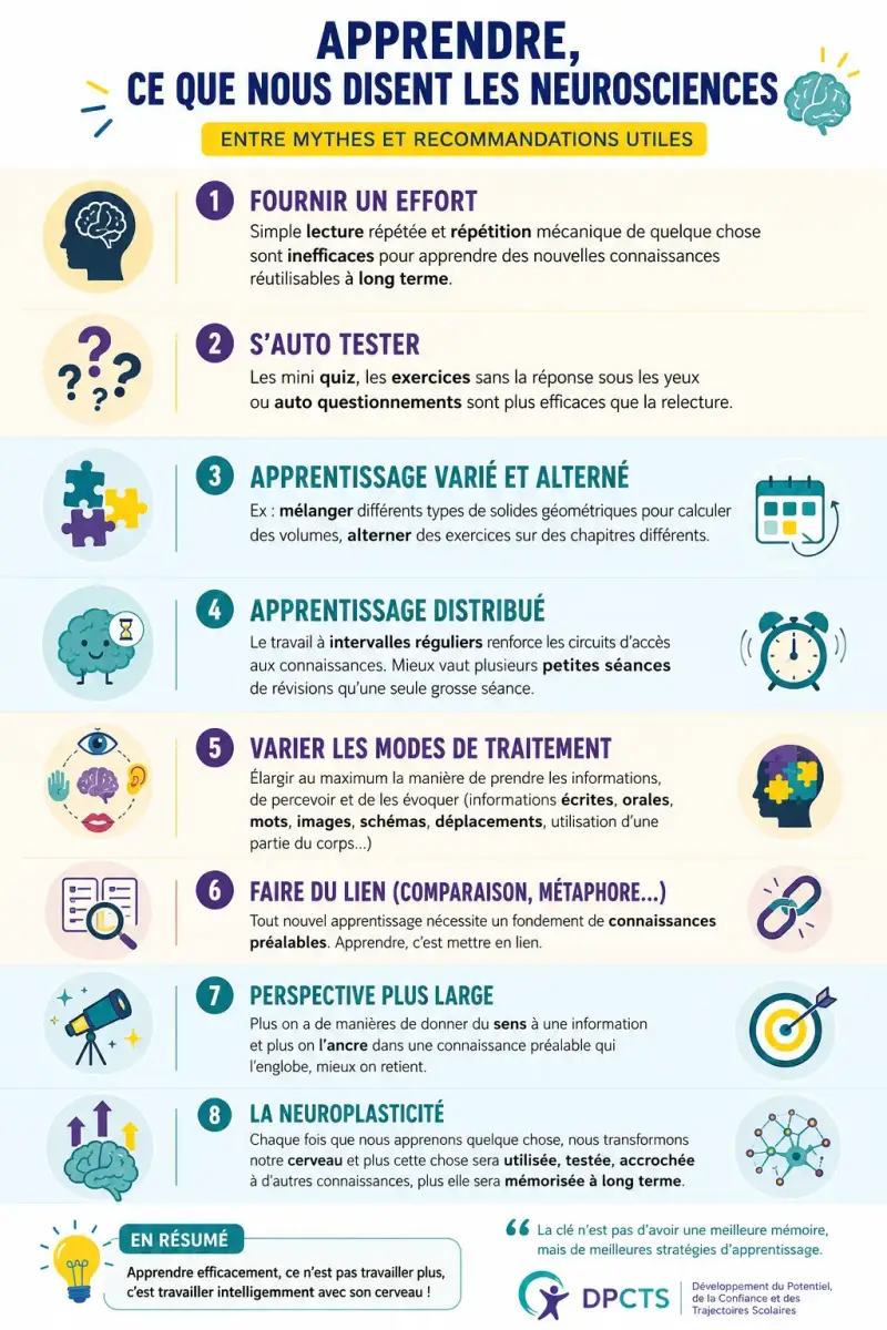 Infographie présentant 8 stratégies d'apprentissage validées par les neurosciences : rappel actif, auto-test, apprentissage distribué, variété, liens entre connaissances et neuroplasticité.