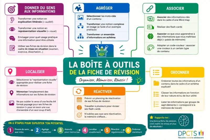 Boîte à outils d'une fiche de révision efficace : donner du sens, agréger, associer, localiser, réactiver et ordonner les informations pour mieux mémoriser et réussir ses révisions.