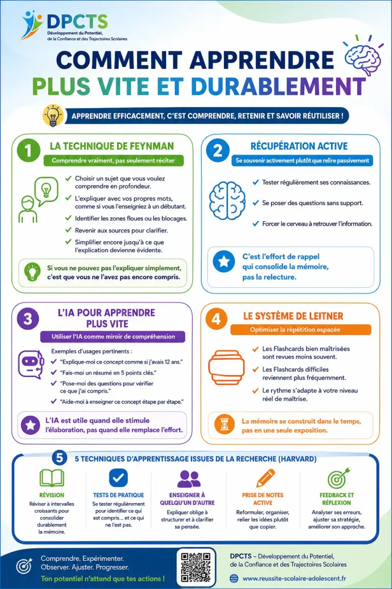 Infographie DPCTS présentant les techniques d'apprentissage les plus efficaces : méthode Feynman, récupération active, intelligence artificielle comme outil d'apprentissage, système Leitner et stratégies validées par la recherche.