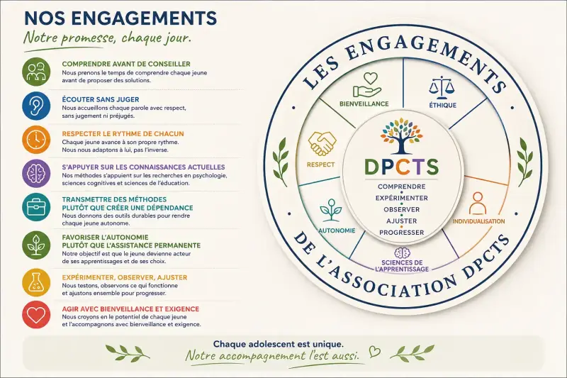 Nos engagements guident chacune de nos décisions : comprendre avant de conseiller, transmettre des outils durables et accompagner chaque adolescent vers l'autonomie.