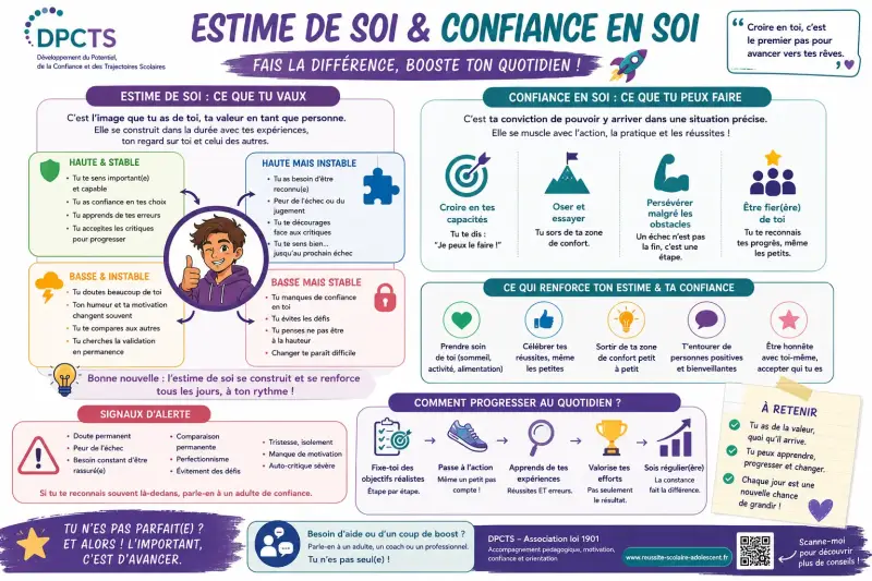 Infographie DPCTS pour adolescents expliquant la différence entre l'estime de soi et la confiance en soi, avec des conseils concrets pour développer ses capacités, progresser malgré les difficultés et renforcer une image positive de soi.