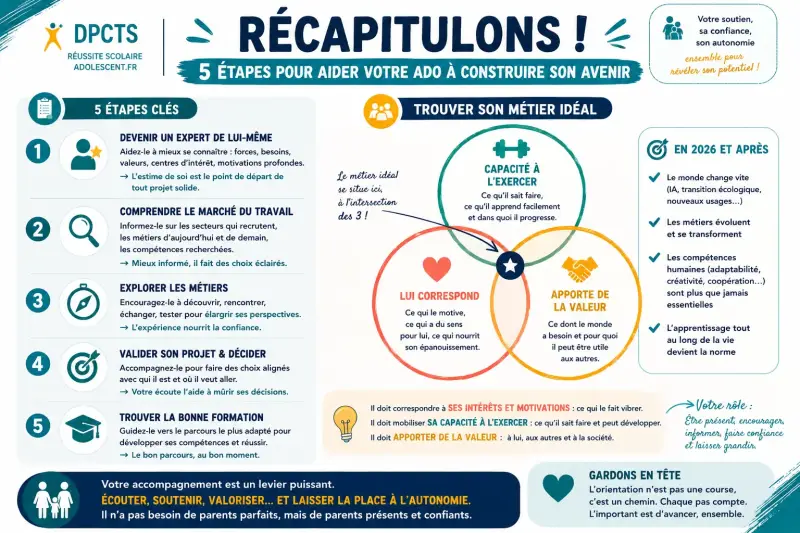 Les 5 étapes pour aider son adolescent à construire son projet d'orientation scolaire et trouver une formation adaptée.