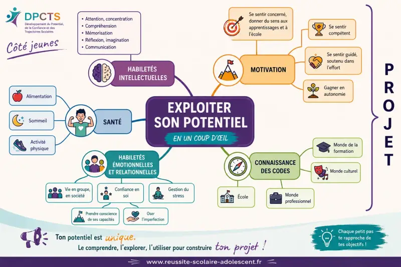 Infographie DPCTS présentant les cinq piliers pour exploiter son potentiel à l'école : motivation, santé, habiletés intellectuelles, compétences émotionnelles et relationnelles, et connaissance des codes.