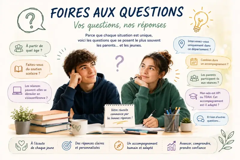 Illustration introduisant la foire aux questions de DPCTS, présentant les principales interrogations des parents sur l'accompagnement pédagogique des adolescents : soutien scolaire, visioconférence, HPI, TDA(H), durée de l'accompagnement et participation 