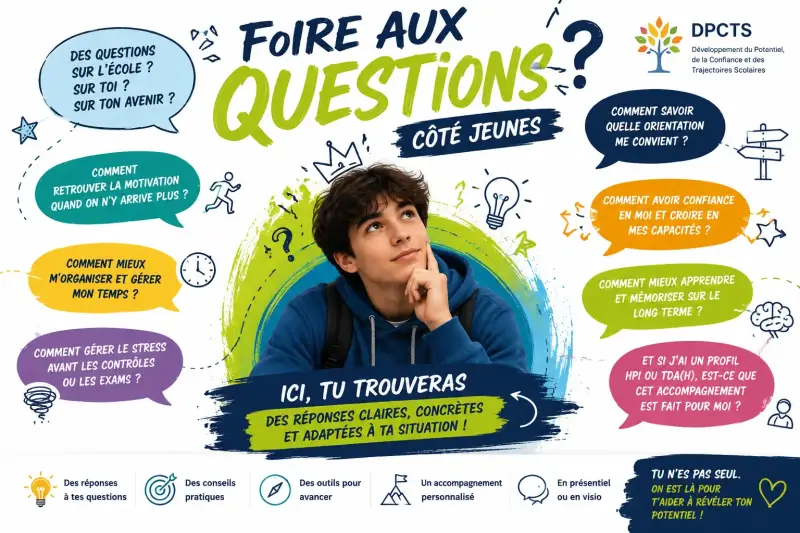 Illustration dynamique introduisant la foire aux questions destinée aux adolescents, présentant les principales interrogations sur la motivation, les méthodes de travail, le stress, la confiance en soi, l'orientation, la mémorisation et les profils HPI ou