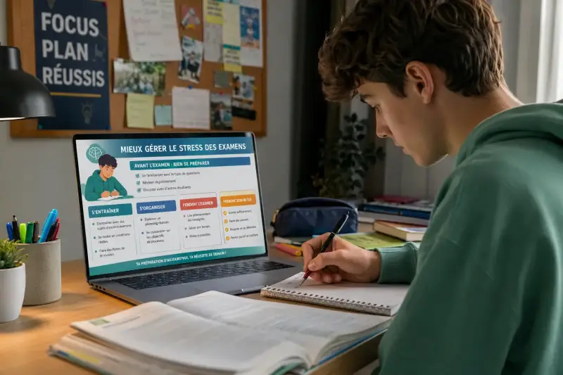 Infographie pour adolescents : mieux gérer le stress des examens grâce à une préparation efficace, une bonne organisation et des stratégies pendant l'épreuve.