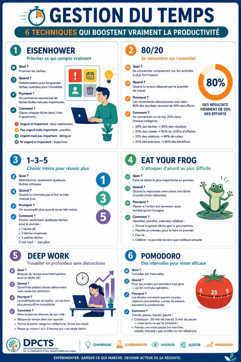 Infographie DPCTS présentant 6 techniques de gestion du temps pour aider les adolescents et étudiants à mieux s'organiser, réduire la procrastination et améliorer leur efficacité.