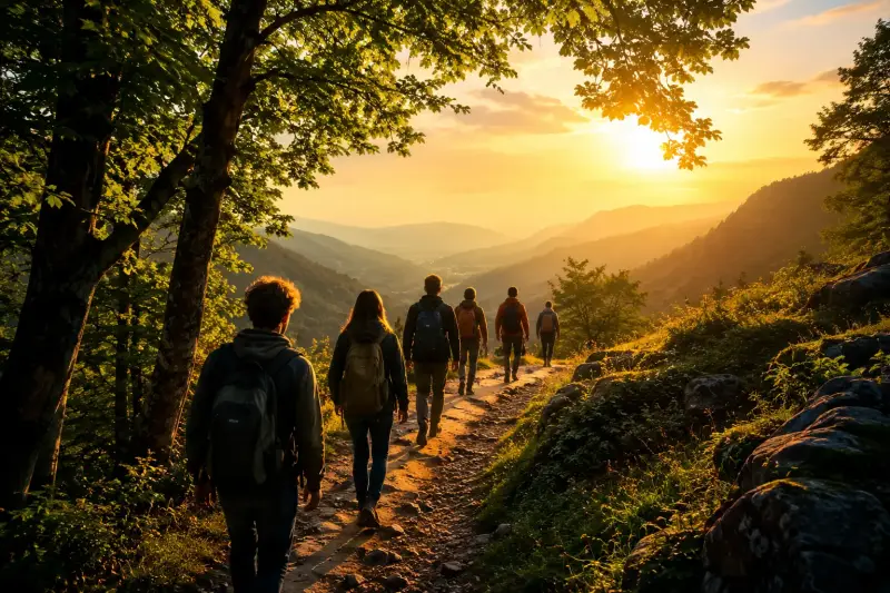 Plusieurs personnes marchent ensemble sur un sentier de montagne au coucher du soleil, symbole des rencontres qui façonnent un parcours d'apprentissage et d'accompagnement.