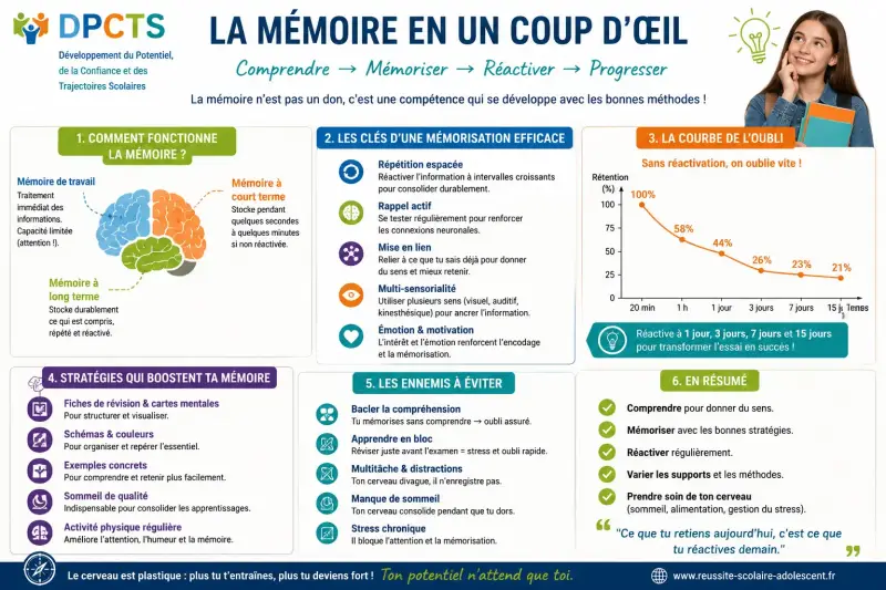 Infographie DPCTS expliquant aux adolescents le fonctionnement de la mémoire, la courbe de l’oubli et les méthodes efficaces pour mémoriser durablement.