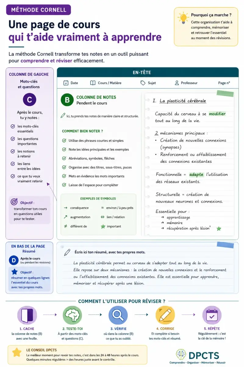 Infographie de la méthode Cornell montrant comment organiser une page de cours avec une colonne de questions, une zone de notes, un résumé et une méthode de révision par rappel actif.