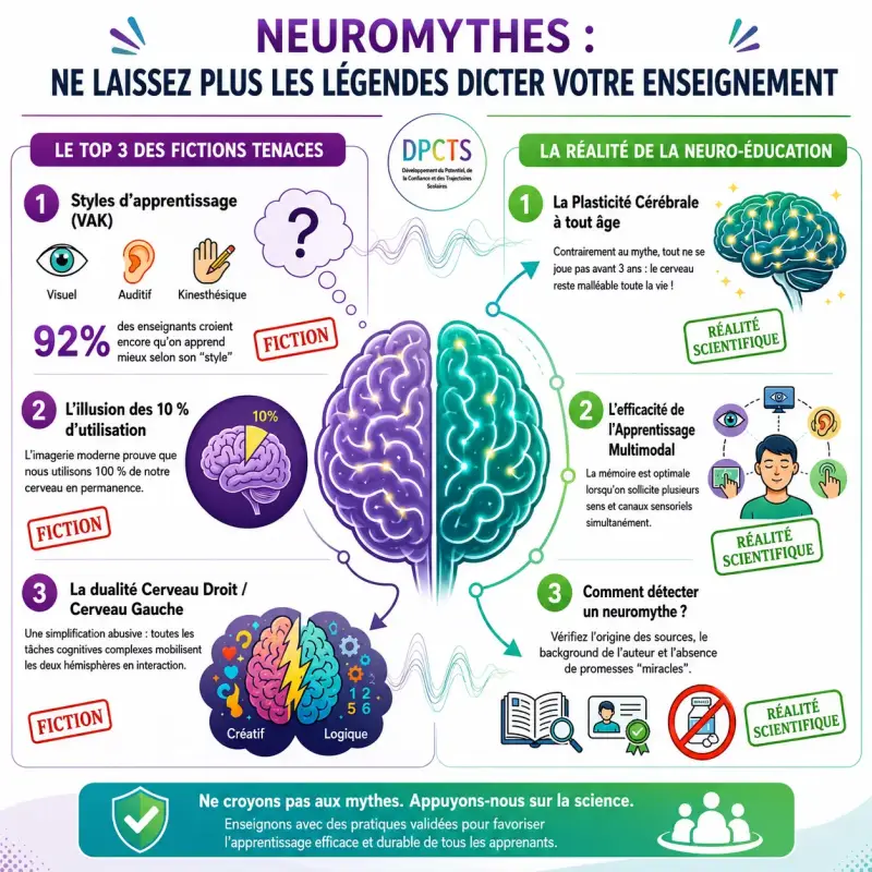 Infographie DPCTS présentant les principaux neuromythes (styles d'apprentissage, mythe des 10 %, cerveau droit/gauche) et les connaissances scientifiques actuelles sur la plasticité cérébrale, l'apprentissage multimodal et l'esprit critique.