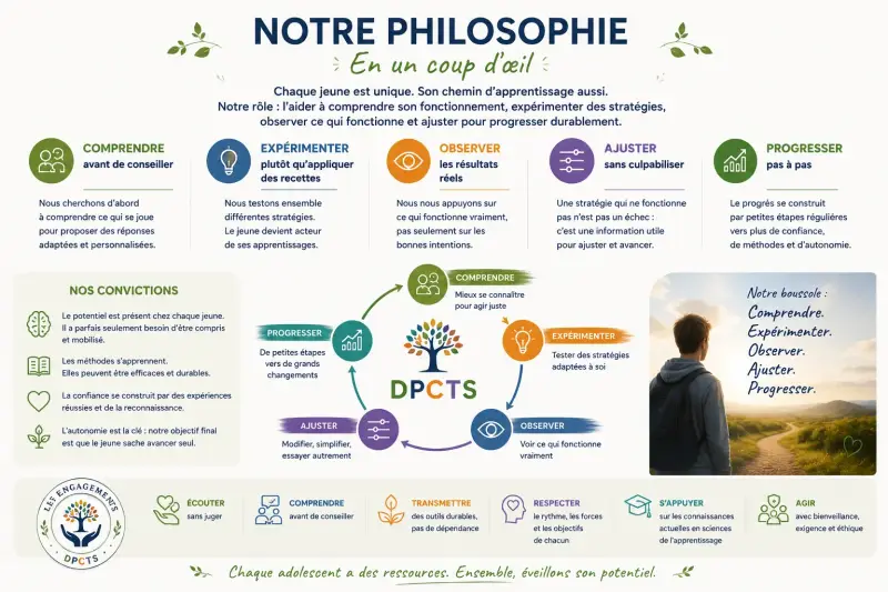Infographie présentant la philosophie DPCTS pour l’accompagnement pédagogique des adolescents : comprendre, expérimenter, observer, ajuster et progresser vers plus de confiance, de méthode et d’autonomie.