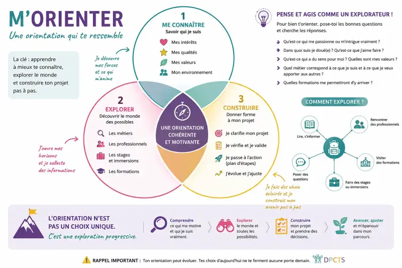 Infographie DPCTS expliquant comment construire une orientation cohérente en apprenant à mieux se connaître, explorer les métiers et construire progressivement son projet professionnel.