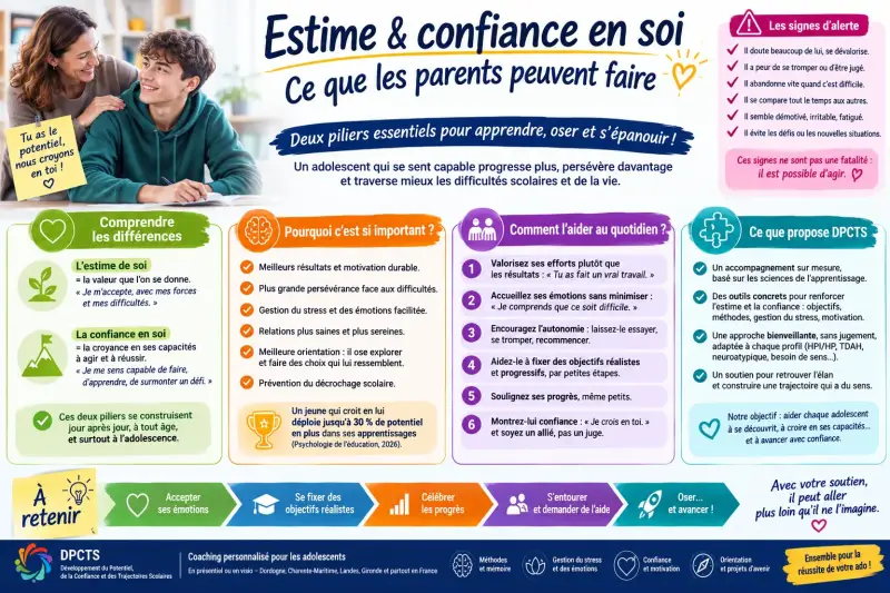 Infographie DPCTS expliquant aux parents comment développer l'estime de soi et la confiance en soi chez leur adolescent grâce à une communication bienveillante, des objectifs réalistes et un accompagnement adapté.
