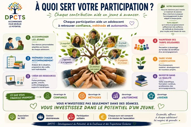 Infographie expliquant à quoi sert la participation solidaire de l'association DPCTS : financer l'accompagnement pédagogique d'adolescents et d'étudiants, maintenir des tarifs solidaires, créer des ressources éducatives et développer des projets favorisan