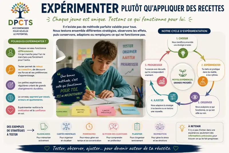 Infographie DPCTS montrant qu'il est plus efficace d'expérimenter différentes méthodes d'apprentissage que d'appliquer une recette unique, afin d'aider chaque adolescent à trouver les stratégies qui lui correspondent et à progresser durablement.