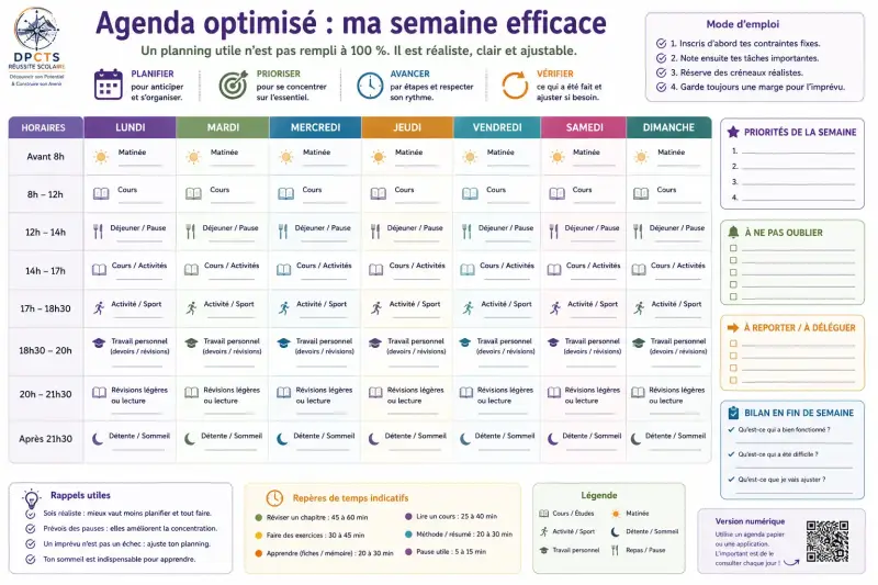 Exemple d'organisation hebdomadaire permettant à un adolescent de mieux planifier son travail scolaire.