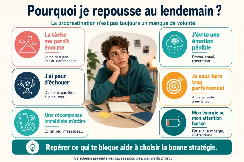 Infographie présentant six causes possibles de la procrastination chez les adolescents et les jeunes adultes.
