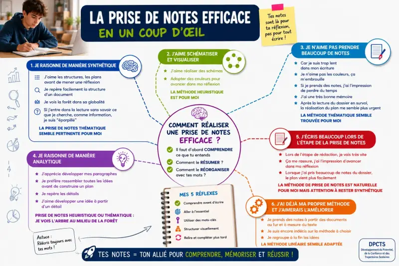 Infographie DPCTS expliquant les différentes méthodes de prise de notes efficaces pour aider les adolescents à mieux comprendre, mémoriser et réussir leurs révisions.