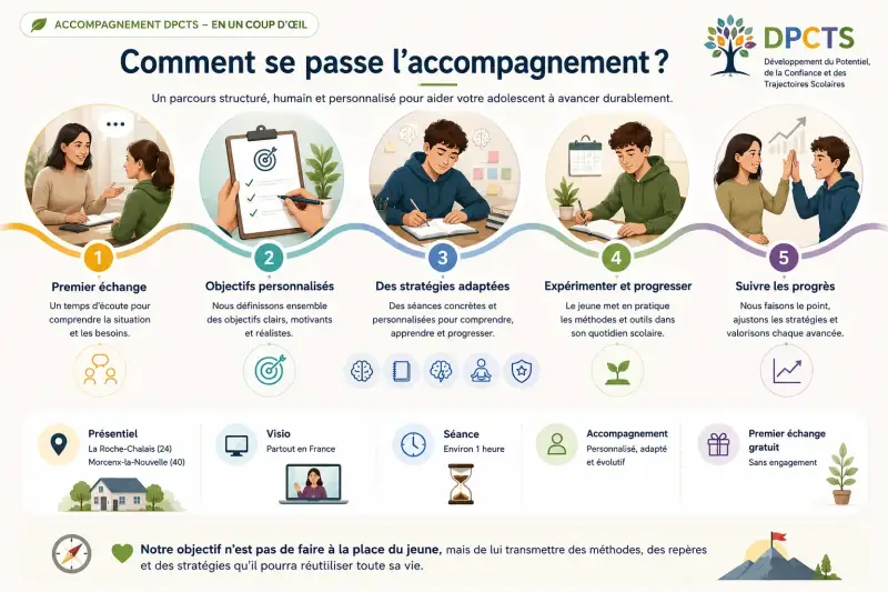 Les cinq étapes de l'accompagnement en coaching scolaire DPCTS : premier échange, définition des objectifs, séances personnalisées, mise en pratique, suivi et ajustement en présentiel ou en visioconférence.