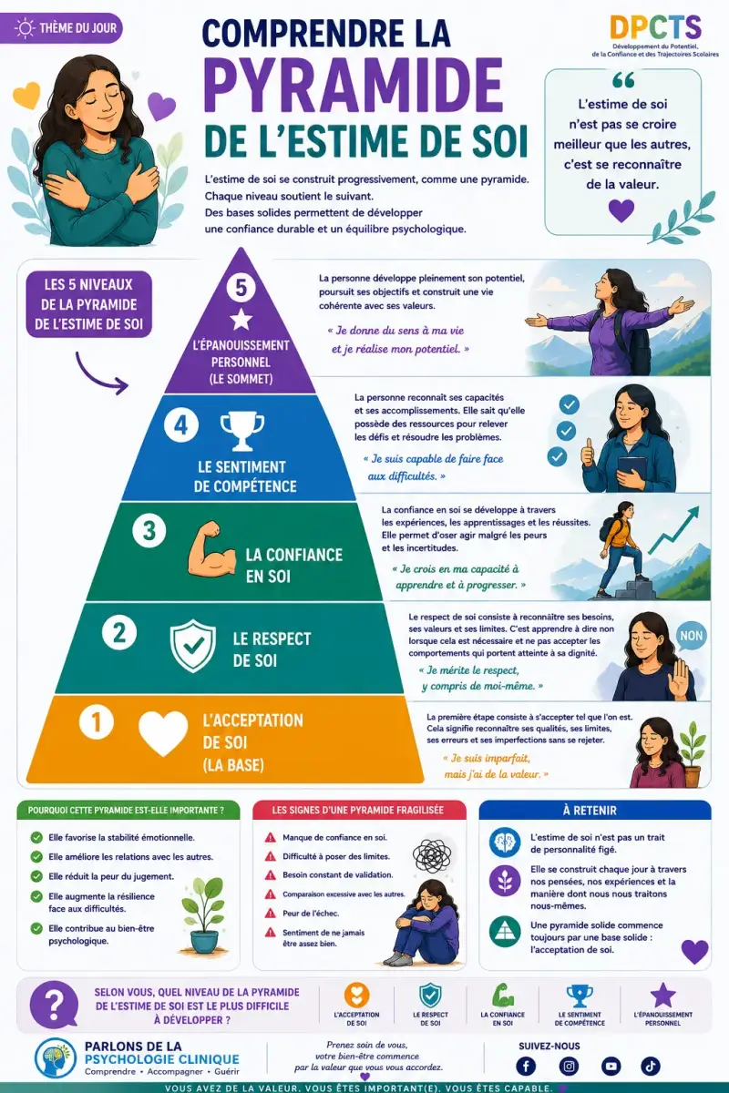 Infographie DPCTS présentant la pyramide de l'estime de soi avec ses cinq niveaux : acceptation de soi, respect de soi, confiance en soi, sentiment de compétence et épanouissement personnel.