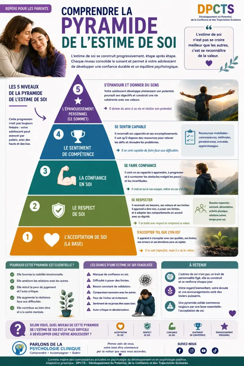 Infographie DPCTS présentant la pyramide de l'estime de soi avec ses cinq niveaux : acceptation de soi, respect de soi, confiance en soi, sentiment de compétence et épanouissement personnel.