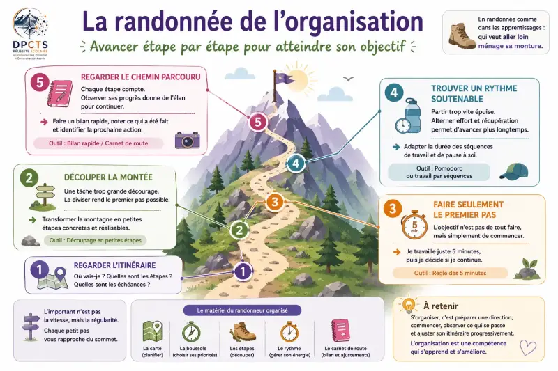 Métaphore de la randonnée illustrant les différentes étapes pour apprendre à mieux s'organiser dans son travail scolaire.