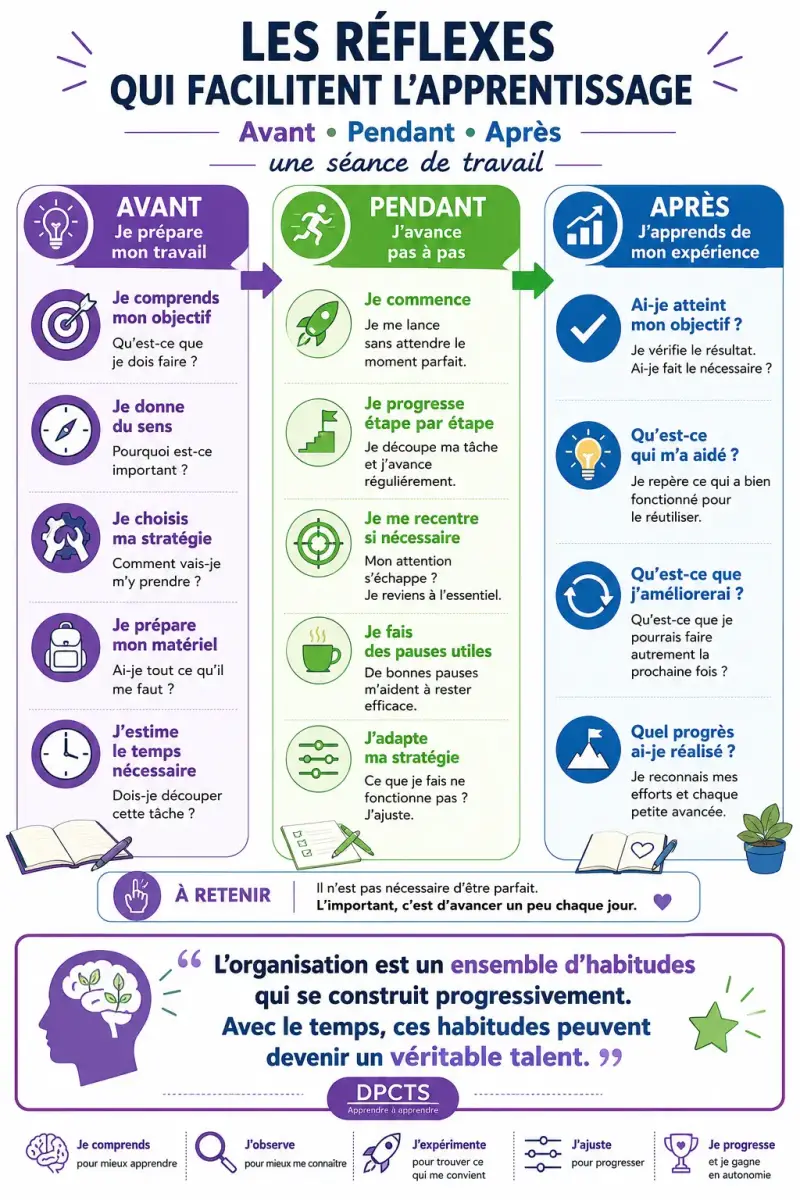 Infographie présentant les réflexes utiles avant, pendant et après une séance de travail pour faciliter les apprentissages.