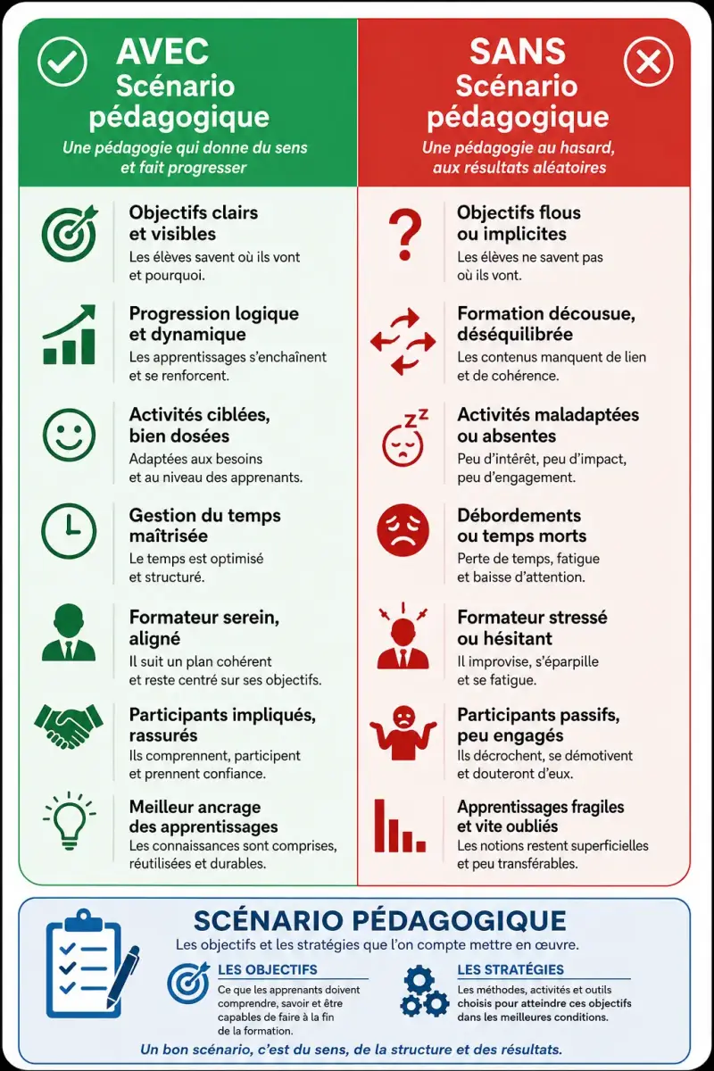 Comparatif avec et sans scénario pédagogique montrant l'importance d'objectifs clairs et de stratégies d'apprentissage adaptées.