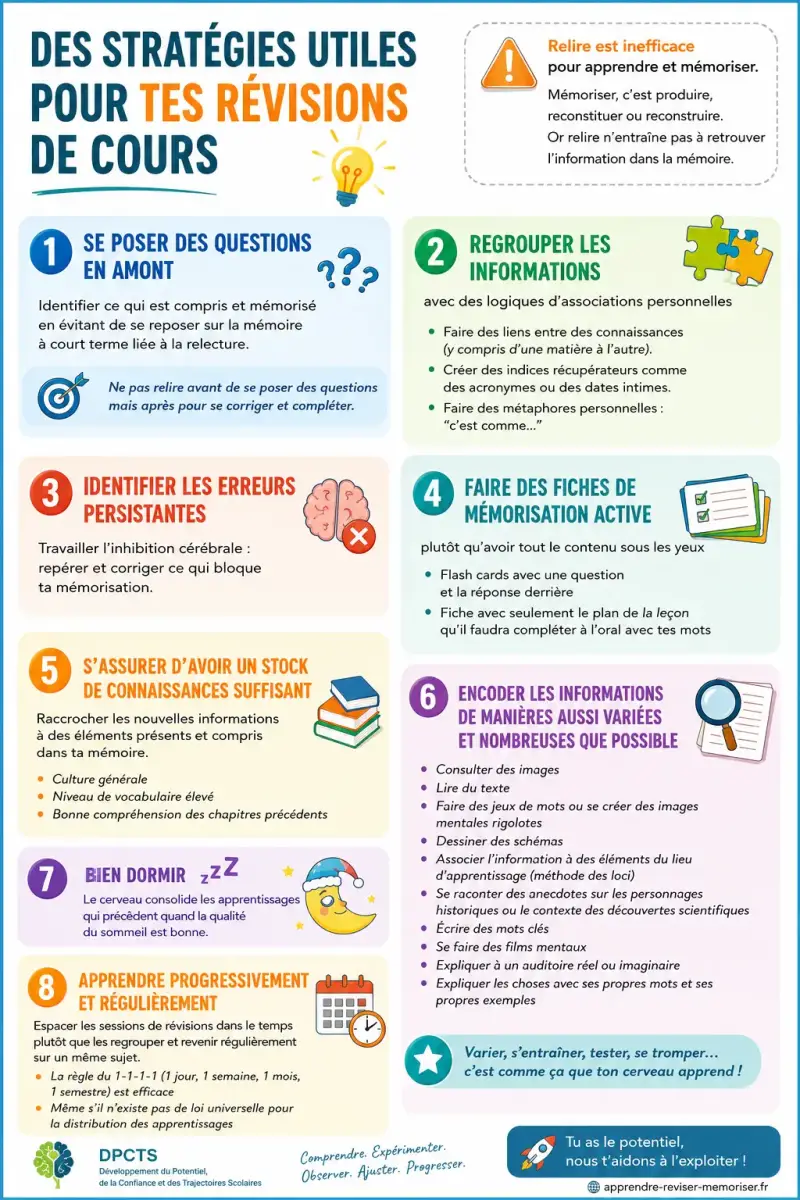 Infographie DPCTS présentant huit stratégies efficaces pour réviser et mieux mémoriser : questionnement, regroupement des informations, fiches actives, correction des erreurs, sommeil, répétition espacée et encodage multisensoriel.