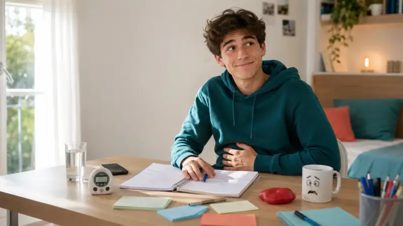 Jeune souriant devant ses révisions, accompagné d’une balle antistress écrasée et d’une tasse au visage inquiet.