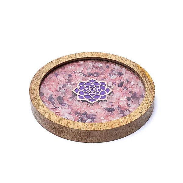 Onderzetter hout Lotus, rozenkwarts & amethist