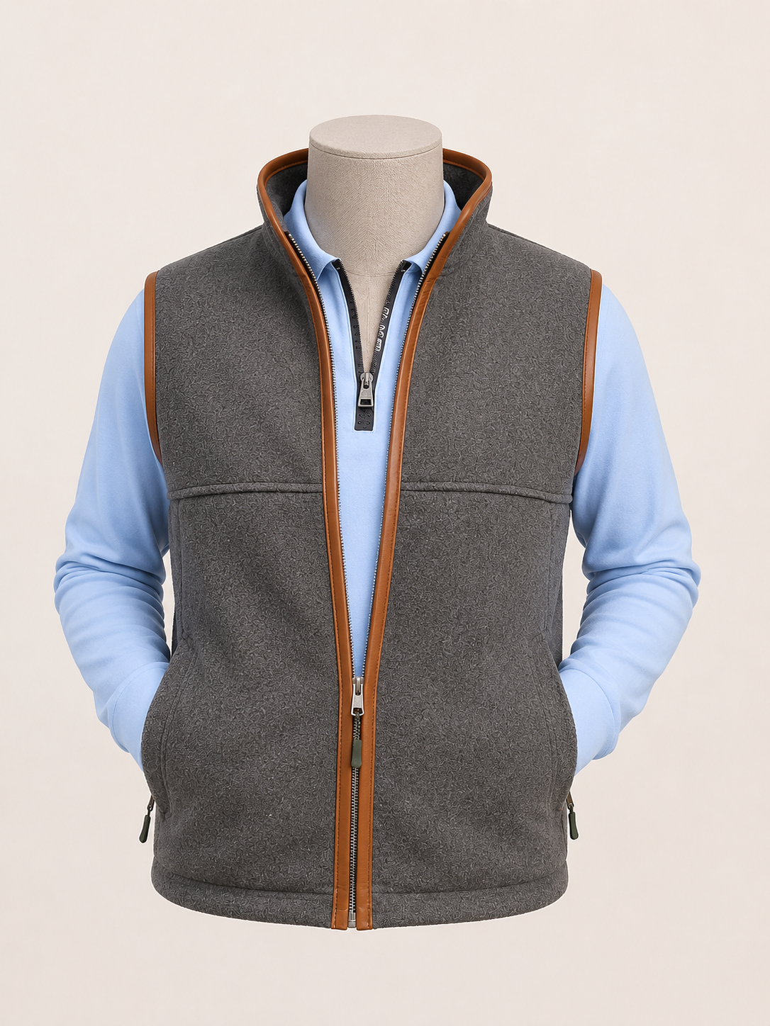 Leather trim wool gilet in hunter green