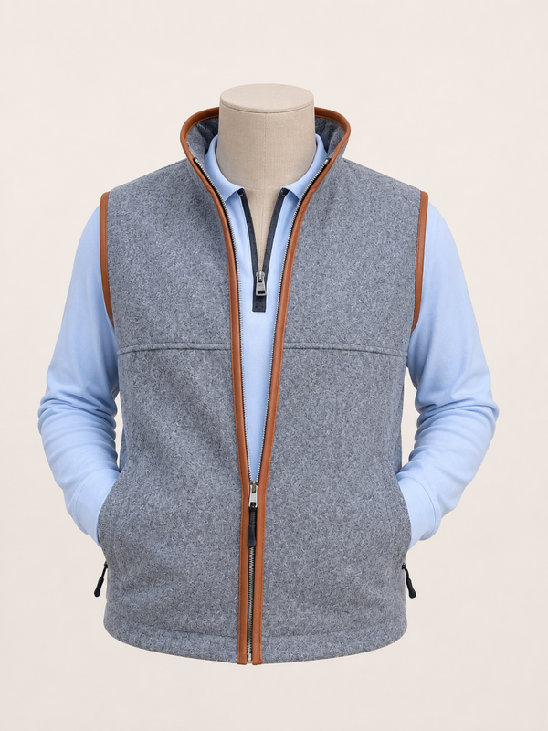 Leather trim wool gilet in cool grey