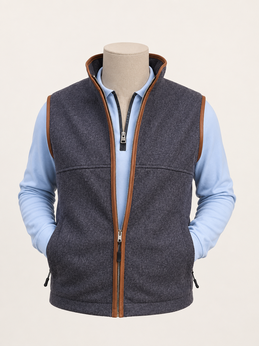 Leather trim wool gilet in airforce blue