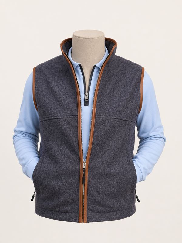 Leather trim wool gilet in airforce blue