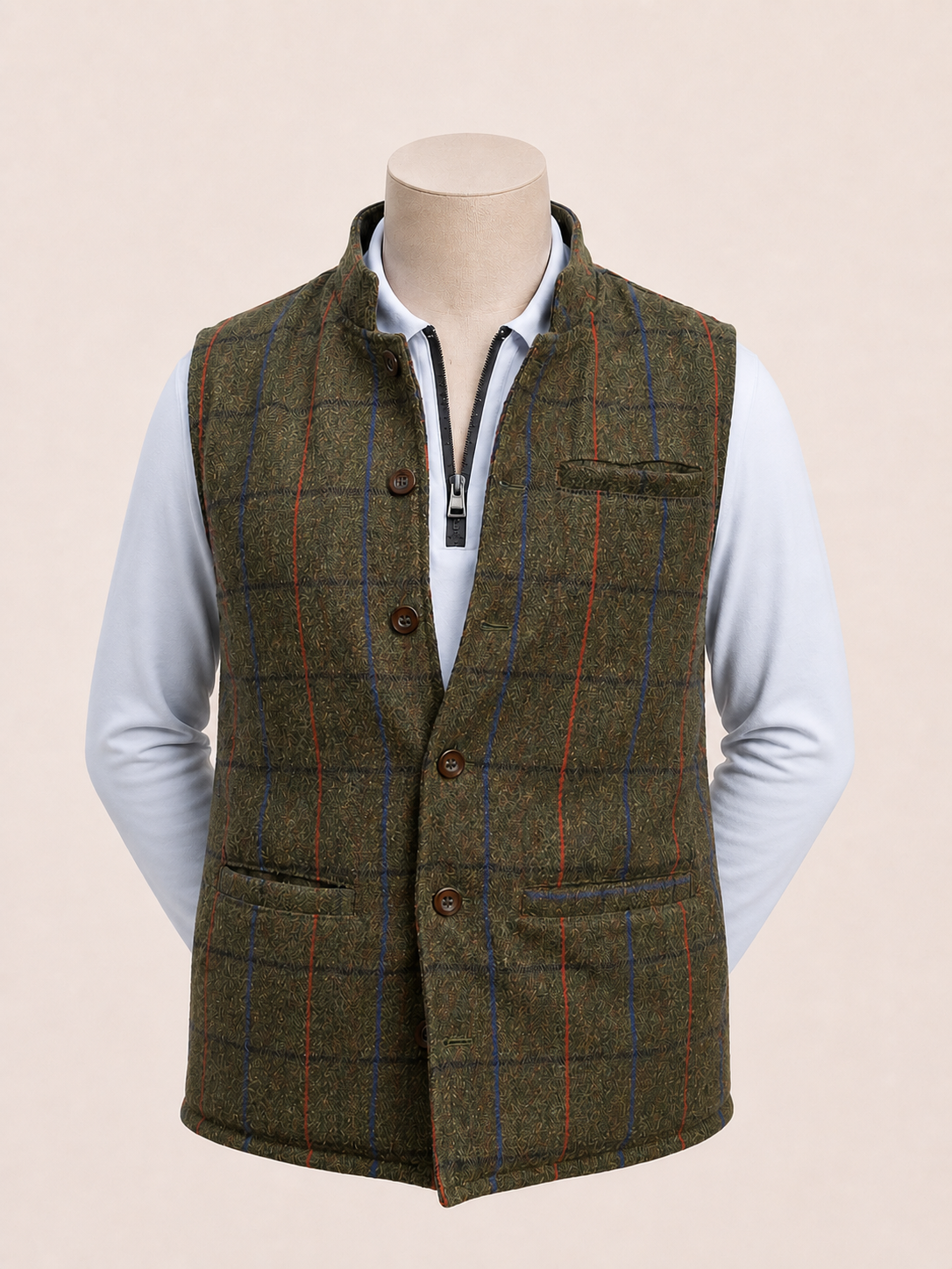 Nehru style tweed gilet in country green