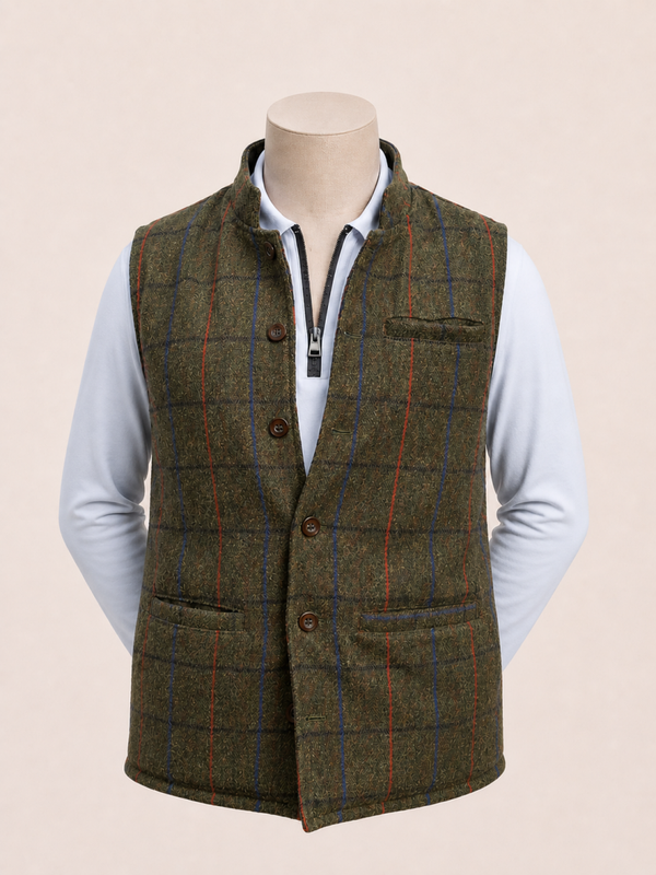 Nehru style tweed gilet in country green