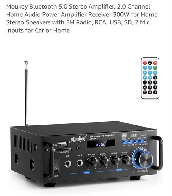 Moukey bluetooth 5.0 stereo amplifier, 300W, FM radio, RCA, USB, SD, 2 mic inputs