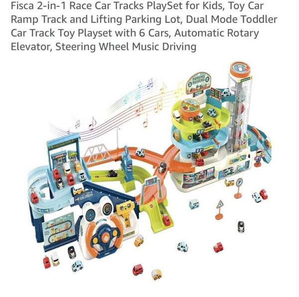 Fisca 2 in 1 race car tracks playset, 6 cars, steering wheel, music and automatic elevator
