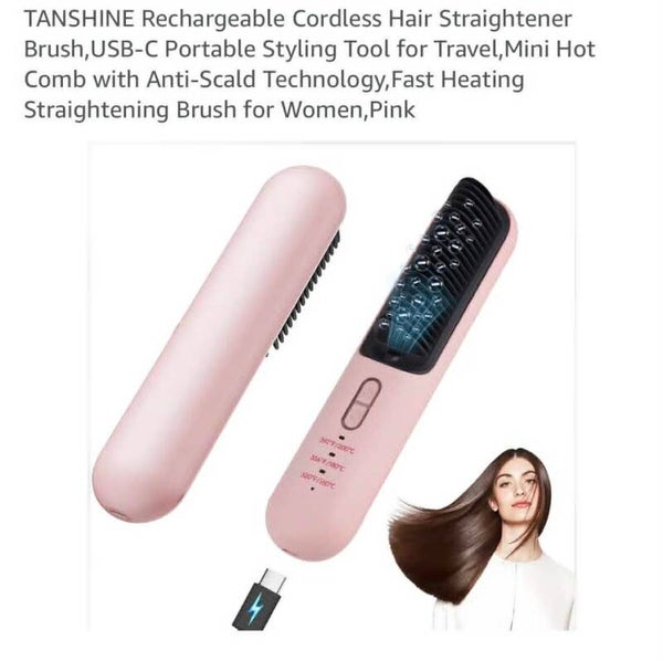 Tanshine rechargeable cordless hair straightner brush, USB-C portable for travel with anti-scald technology, fast heating, pink