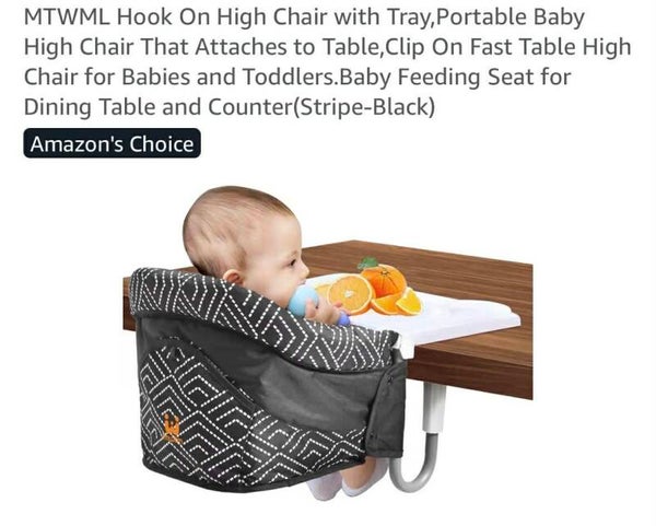 MTWML hook on high chair with tray, portable, clip on, 6-36mths with carry bag, stripe black