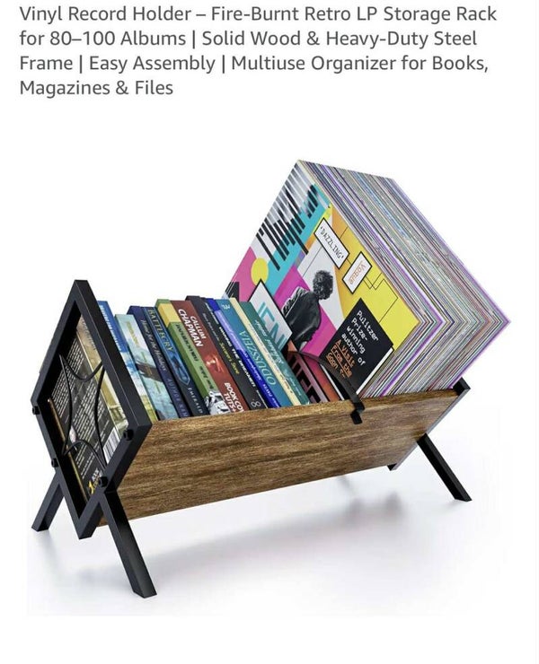 Vinyl record holder - solid wood & heavy duty steel frame