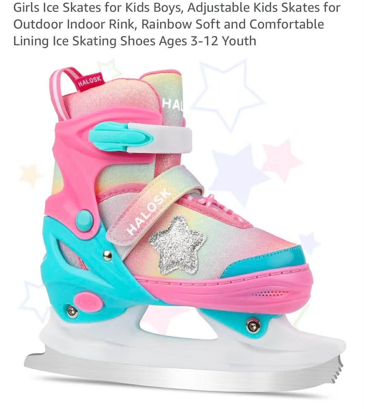 Girl ice skates, adjustable, rainbow soft and comfortable lining, 3-12 youth