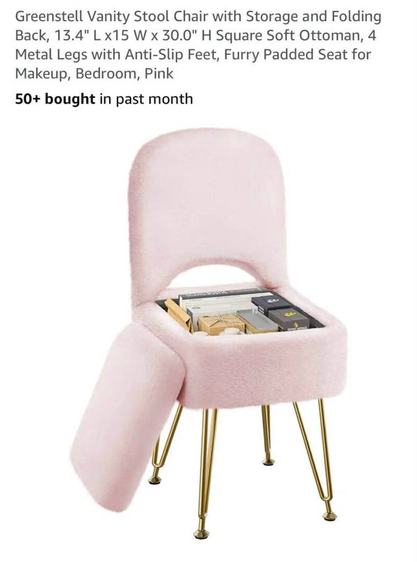 Greenstell vanity stool chair with storage and folding back, 13.5x15x30, anti-slip feet, pink