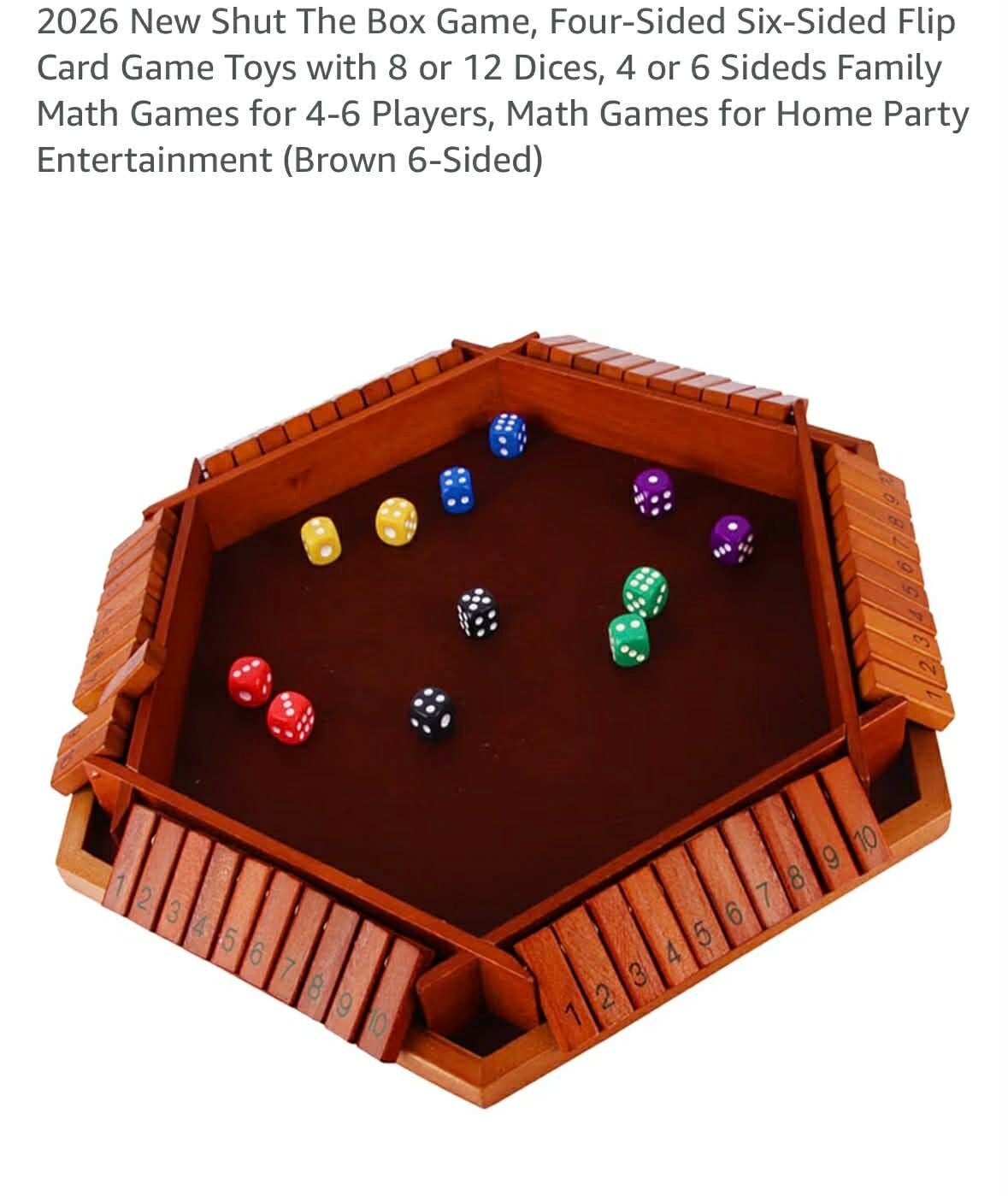 Shut the Box 6 sided game with 12 dice, brown